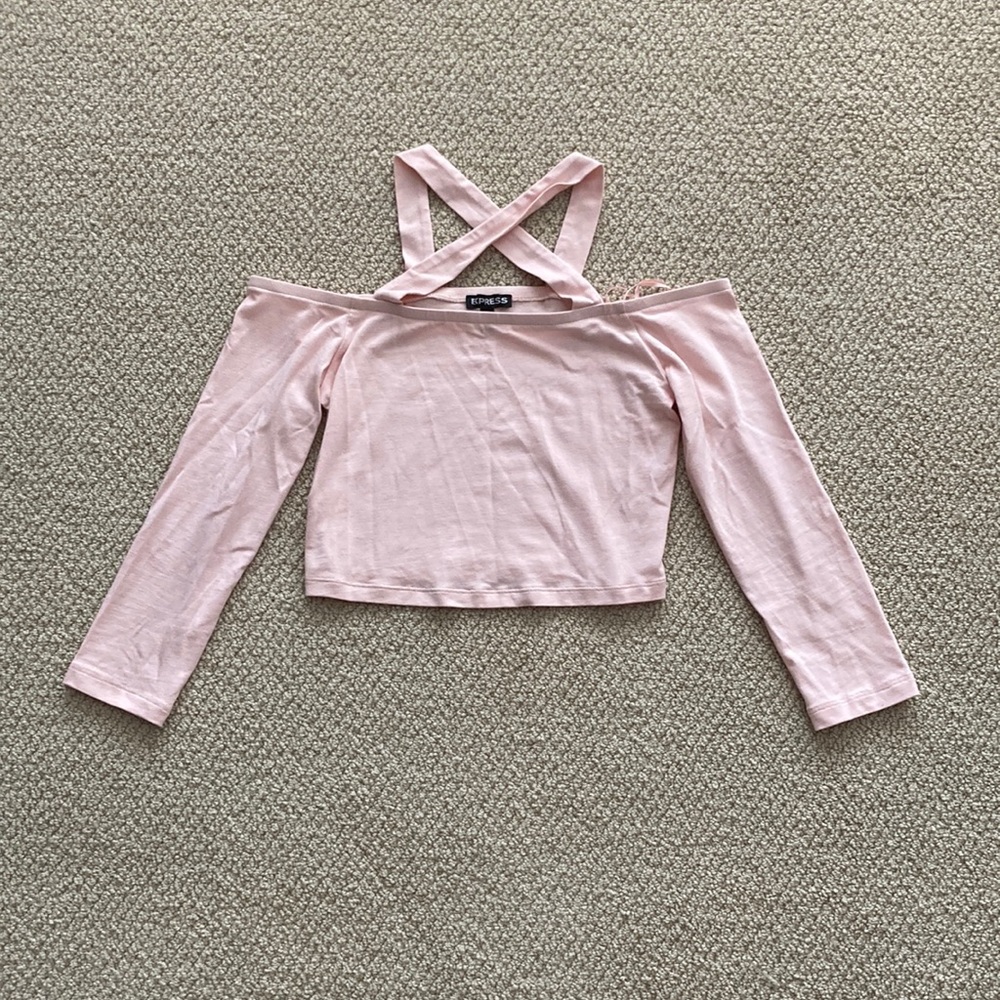 NEW Express Pale Pink Cold Shoulder Crop Top Size Small Strappy Blouse S NWOT